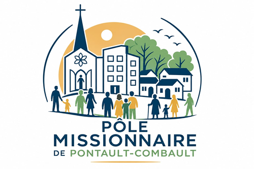 Logo Pole missionnaire catholique Pontault, une église, le peuple de Dieu en marche, des habitations, la nature, arbres et oiseaux